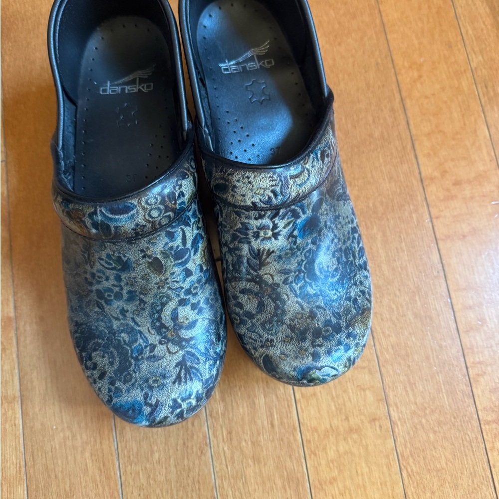 Dansko Blue and Gold Patterned Clogs